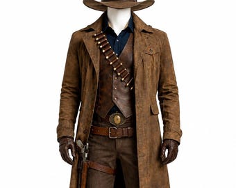 Puede incluir: Un conjunto de abrigo largo marrón desgastado, chaleco y pantalones, con una camisa azul oscuro, sombrero de vaquero marrón, guantes de cuero, cinturón con hebilla ovalada, canana y funda con revólver, todo sobre un maniquí.