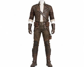Puede incluir: Una chaqueta de estilo cuero marrón con cuello alto, sobre una camisa clara, combinada con pantalones marrones a juego, un cinturón utilitario con bolsillos, guantes de cuero marrón y botas altas marrones con correas, sobre un maniquí.