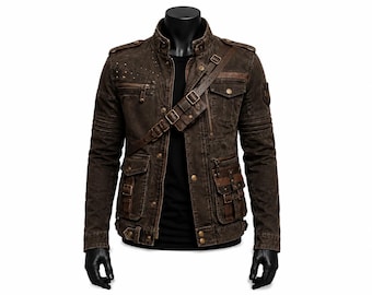Chaqueta vaquera desgastada para hombre, estilo militar táctico, disfraz de motero steampunk.