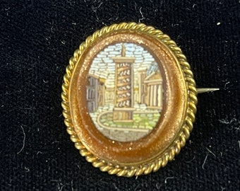 Micro Moasic Brooch, 14K Frame, Goldstone, Scenic Pillar, Roman, Italian, C Clasp, Longer Needle, Oval Shape, Beautiful
