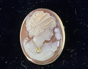 Shell Cameo with White Sapphire in a 14K Frame, Gorgeous, Made in Italy, Can be Worn as a Pendant