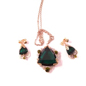 Jewelry Set, Pendant Necklace with Matching Clip On Earrings, Large Green Glass Stones set in Gold Tone Metal