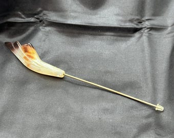 Carved and Polished Shell Hatpin, 6.25” Long, Shell 3” x .75”, Pearlized White and Brown