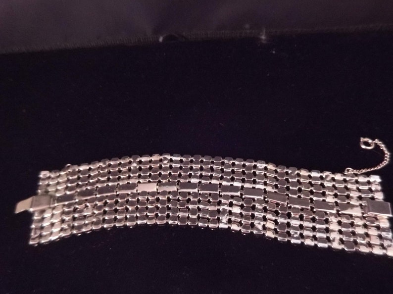Brilliant Baguette and Round Rhinestones Safety Chain Slide Clasp Silver Tone Metal Wide Clear Rhinestone Bracelet