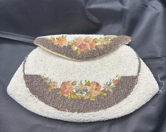 Longchamps, France, Beaded and Embroidered Clutch Purse, Floral Theme, with Small Change or Card Purse, Linen Interior, 4.25” x 7.5”