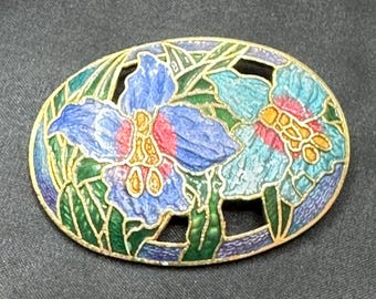 Oval Cloisonné Gold Tone Brooch by Fish and Crown Featuring 2 Large Iris Flowers, 1.75” x 1.25”