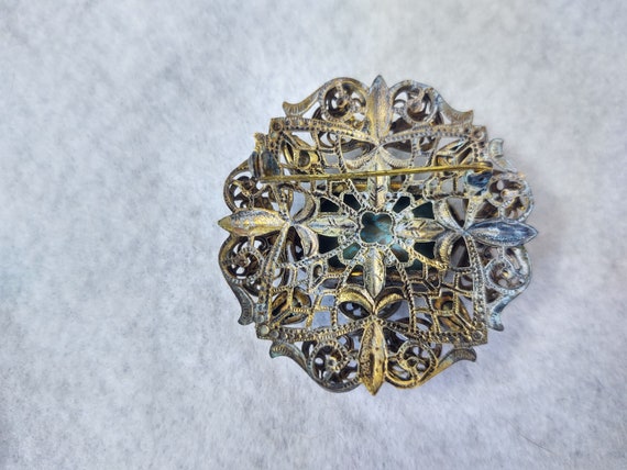 Broche Vintage Strass Orange Avec Pampilles - Monture Laiton Doré - 65x30mm - Occasion