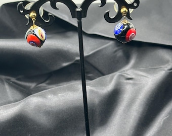 Pierced, Post, Venetian, Murano Glass Bead Earrings, Millefiori, Colorful Millefiori on Black Background, 12mm Beads