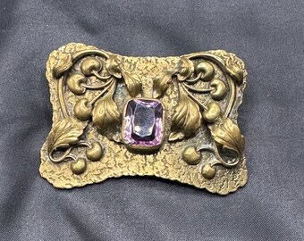 C & R Hettel Sash Brooch, Gold Tone with Purple Gemstone, C Clasp, Cherry Theme, 2 3/8” x 1 7/8”, Antique, Rare