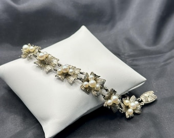 Harry S Bick, HSB, Dogwood Flower Link Bracelet with Genuine Japanese Saltwater Akoya Cultured Pearls  , 7” Long, .5” Wide