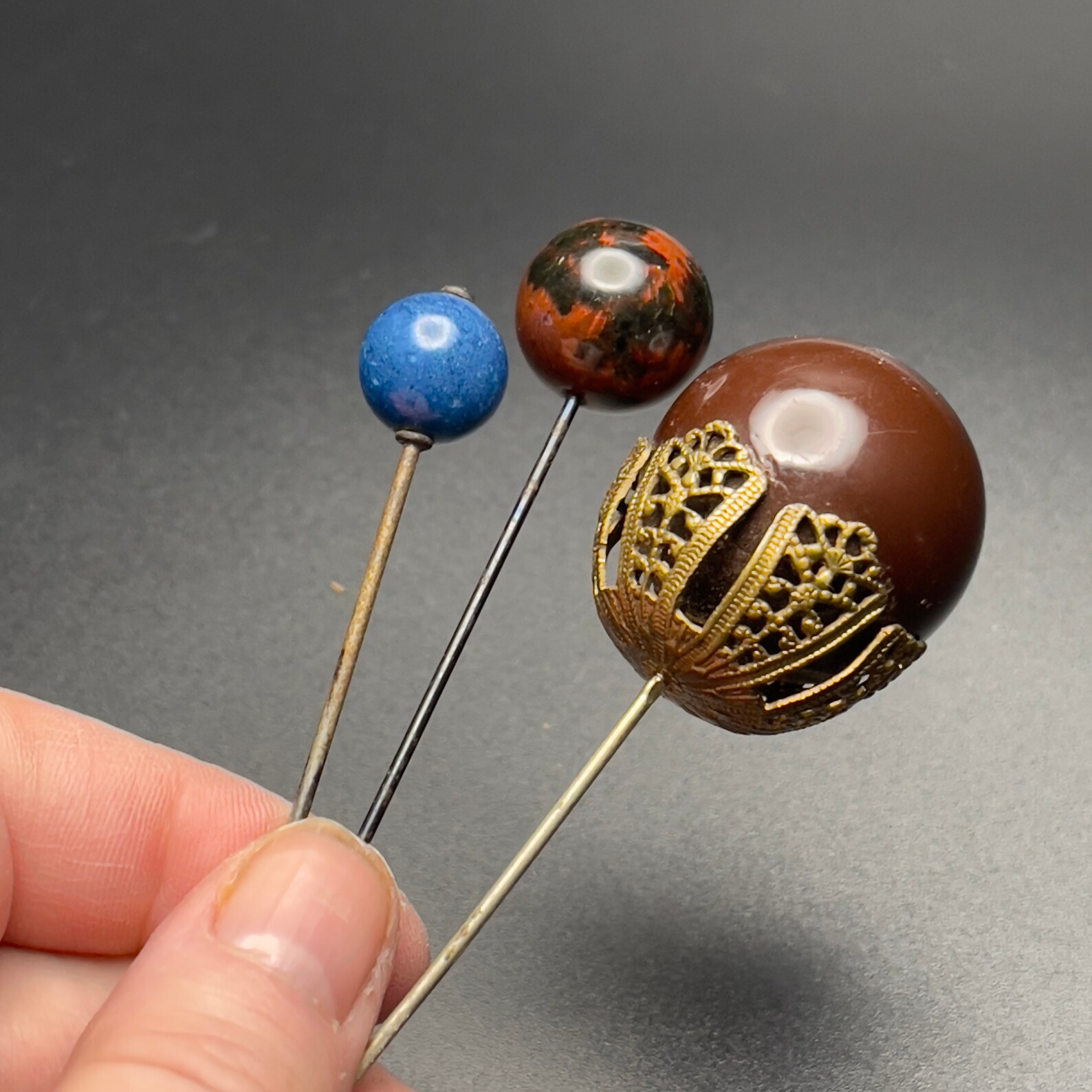 Set of 3 Long Hat Pins Round Glass Tops Brown Blue and One Etsy