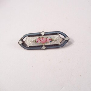 Victorian Sterling Guilloche Enamel Brooch, Light Blue Border, White Background, Roses, C-Clasp