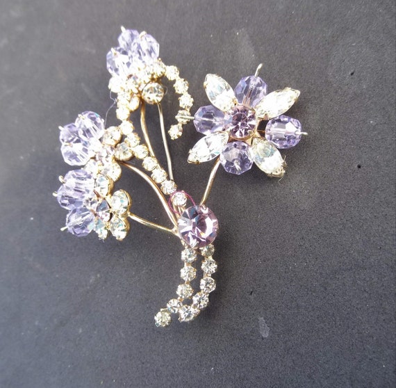 Floral Bouquet Brooch, Gold Tone Metal, Clear and… - image 2