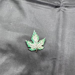 Sterling Silver Guilloche Enamel, Maple Leaf, Green, White and Silver, C Clasp, 1.25” x 1 1/8”