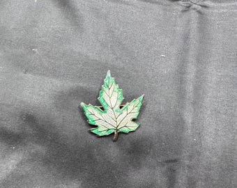 Sterling Silver Guilloche Enamel, Maple Leaf, Green, White and Silver, C Clasp, 1.25” x 1 1/8”