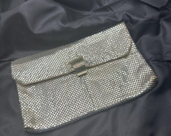 Whiting and Davis Envelope Clutch, Silver Mesh, Folding Snap Clasp, White Linen Lining with Pocket,  8” x 5”