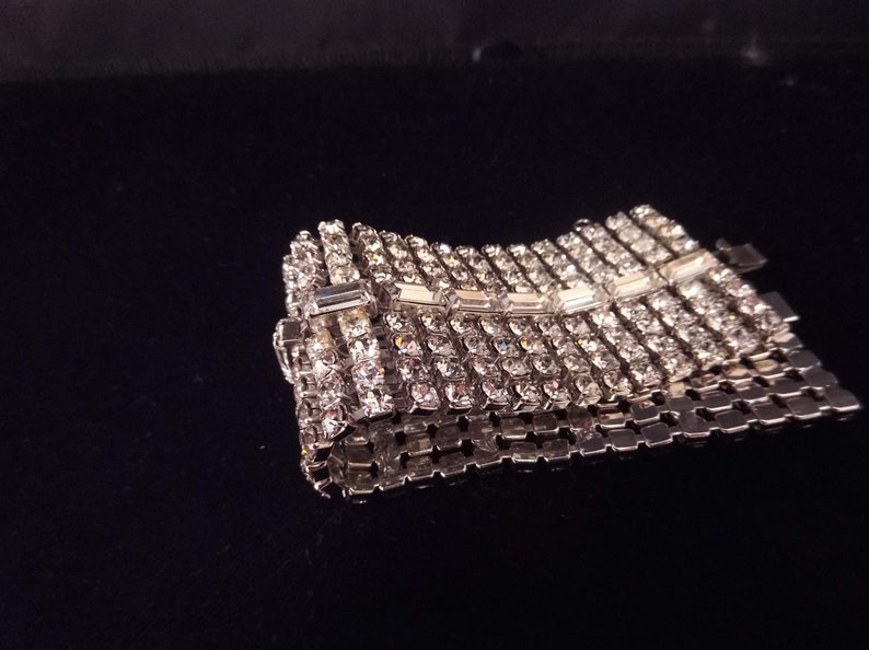 Brilliant Baguette and Round Rhinestones Safety Chain Slide Clasp Silver Tone Metal Wide Clear Rhinestone Bracelet