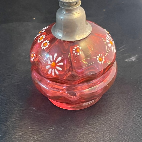 Antique Cranberry Glass Perfume Bottle with Hand … - image 3