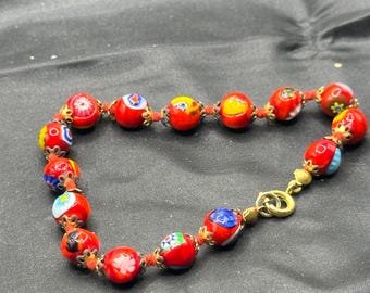 Murano, Venetian, Millefiori Beaded Bracelet, Floral Designs on Red Backgrounds, Brass Spring Ring Clasp and Bead Caps, 8.25” Long