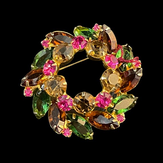 Colorful and Layered Wreath Brooch, Pink, Green, … - image 3