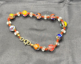 Millefiori Bracelet, Knotted Red String with Clear Beads and Floral Millifiori Beads, with Bead Caps and Clear Spacer Beads, 8.5” Long