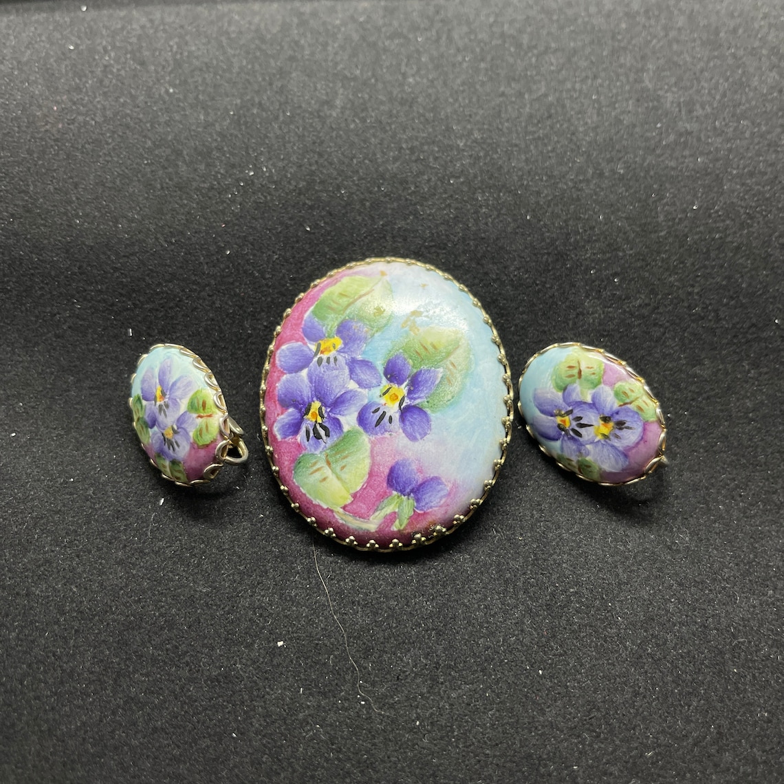 Hand Painted Porcelain Jewelry Set Brooch and Clip on Etsy