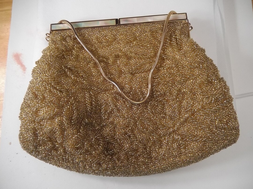 Gold Beaded Purse, Heavy, Chain Strap, Yellow Satin Lining, 2 Pockets ...