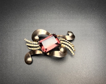 Beautiful Sterling Silver Brooch with Large Purple Glass Faceted Cabochon, Clear Rhinestones, Marked Sterling