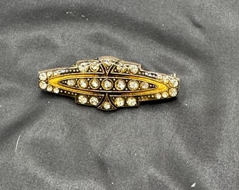 Pierre Bex Art Deco Themed Brooch With Trombone Clasp, Black and Gold with Clear Rhinestones, 2” x .75”