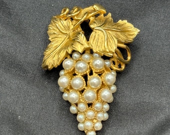 Museum of Fine Art, MFA, Cluster of Grapes and Leaves Brooch and Pendant, Faux Pearls Set in Gold Tone Metal, Collectible, 2” x 1 3/8”