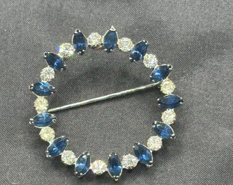 Stunning Carl Art Sterling Silver Rhinestone Wreath, Blue and Clear Marquis Stones, 1.25” in Diameter