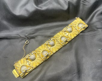 Gold Tone Panel Link Bracelet, Art Nouveau Style, Featuring Repousse Flowers On Mesh Metal, Slide Lock and Safety Chain, 7” x 1.25”