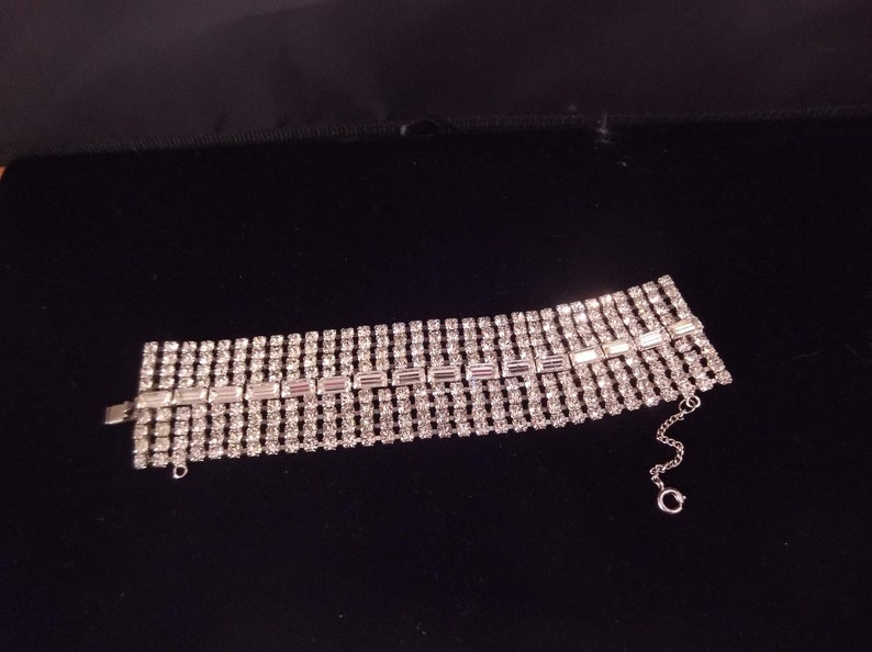 Brilliant Baguette and Round Rhinestones Safety Chain Slide Clasp Silver Tone Metal Wide Clear Rhinestone Bracelet