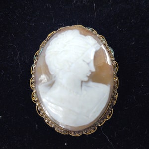 Puede incluir: Broche de camafeo ovalado con un perfil blanco del rostro de una mujer tallado sobre un fondo marrón claro. El camafeo está engastado en un marco de filigrana dorada. El broche se exhibe sobre una superficie negra.