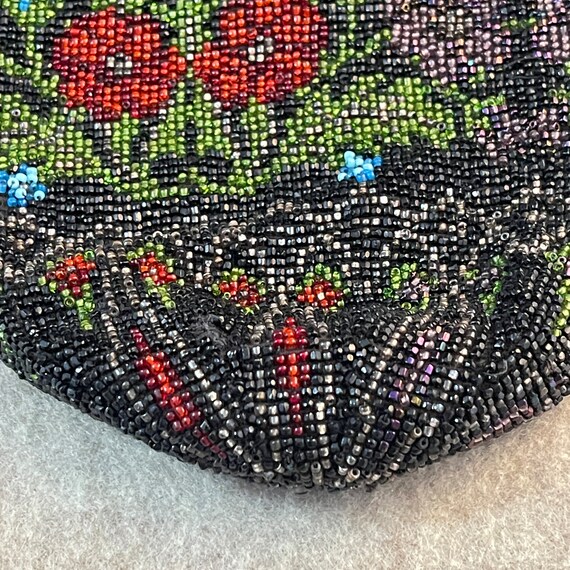 Glass Beaded Reticule Handbag, Red Flowers on a B… - image 2