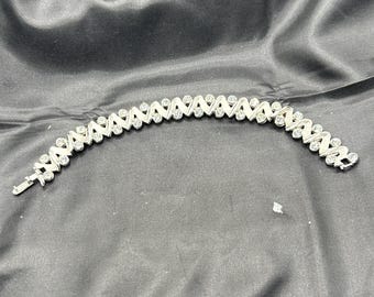 Crown Trifari Brushed Silver Tone Link Bracelet with Clear Rhinestones, Zig Zag Pattern, Geometric, Fold Over Clasp, 7.5” Long, .5” Wide