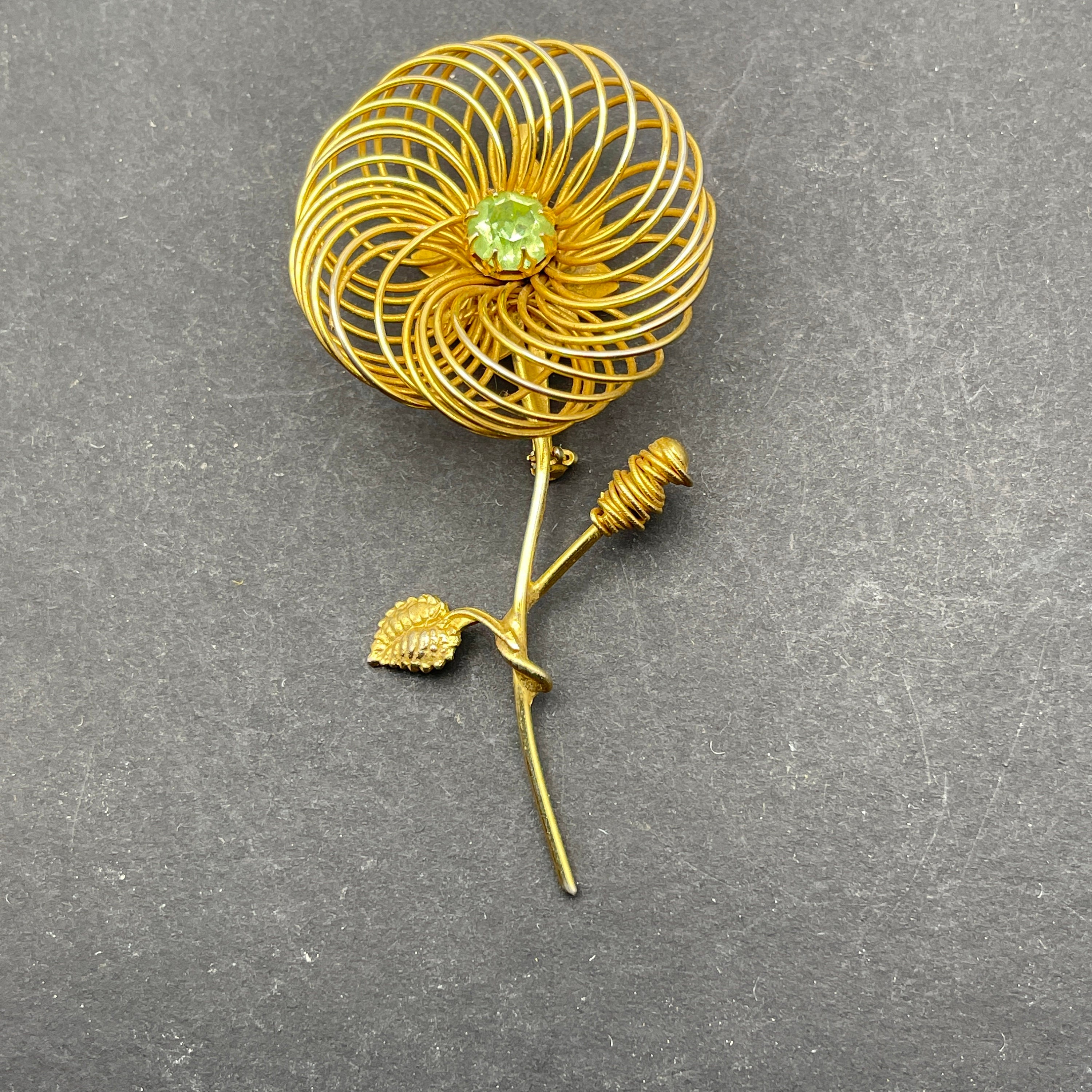 Hattie Carnegie Flower Brooch, Gold Tone With Large Green Uranium