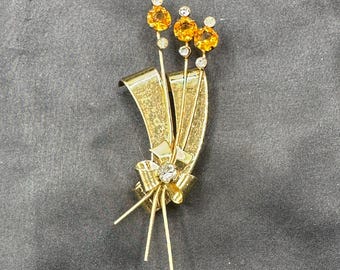 Coro Pegasus Sterling Vermeil Brooch, Floral Theme, Orange and Clear Rhinestones, 3” x 1.25”