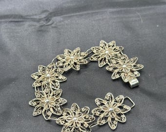 Vintage Sterling Silver Filigree Bracelet, Floral Links, Wide Hook Clasp, 7” Long,  7/8” Wide, Fabulous Detailing!