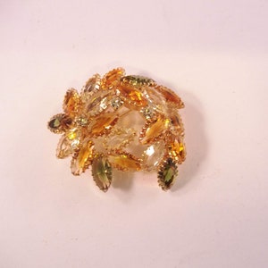 Marquis Rhinestone Brooch, Orange, Yellow and Green, Open Back, Gold Tone Metal, Prong Set Stones, Floral Theme