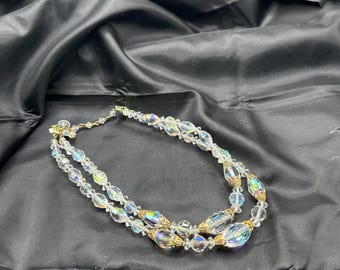 Crystal Beaded Two Strand Necklace with Sparkling AB Finish and Gold Tone Bead Caps, Hook Clasp, Adjustable Length, Unsigned, 15” Long