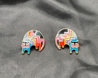 Laurel Burch, Aztec Cat, Clip On Earrings, Cloisonné, Colorful Stripes on Gold Tone Metal, Caricature, 1” Square