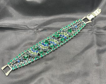 Art Deco Rhinestone Bracelet, Layered, 4 Floating Links, Blue and Green Rhinestones, Silver Tone Metal, 5 Rows,  7.25” x 1”, Like New
