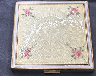Evans Powder Compact, 1940s, Guilloche Top, Floral Theme, Mirror, Hand Painted, 2  5/8” Square, Excellent Condition