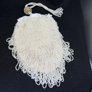 White Beaded Reticule Handbag, Perfect for a Bride, Lace Background, White Satin Lining, Beaded Strap with Glass Beaded Strap Adjustor