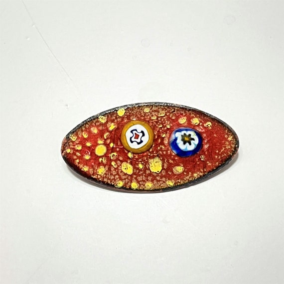 Oval Enameled Copper, Red Background, Yellow Dots… - image 1
