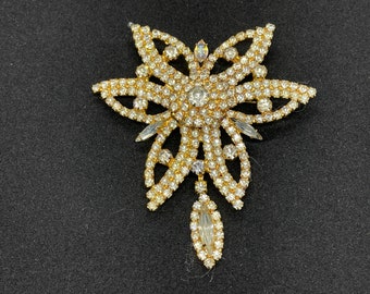 Gold Tone and Clear Rhinestone Large Brooch, Geometric Design, With Dangle, Sparkling, Unsigned