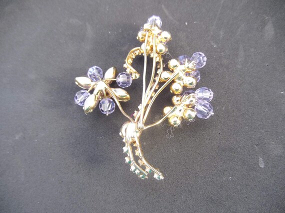 Floral Bouquet Brooch, Gold Tone Metal, Clear and… - image 4