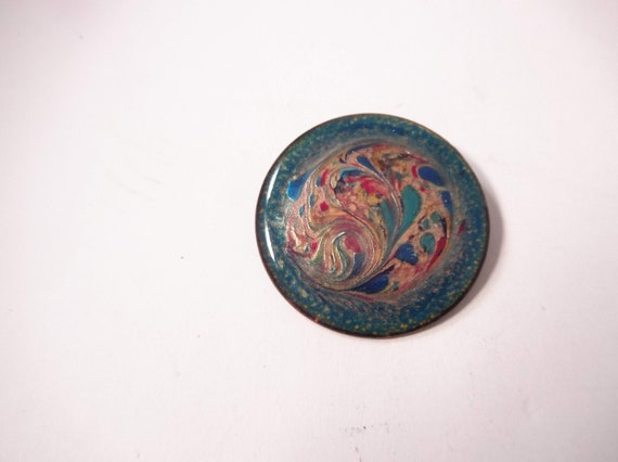 Enamel Brooch, Colorful, Round, Peacock Colors, U… - image 1