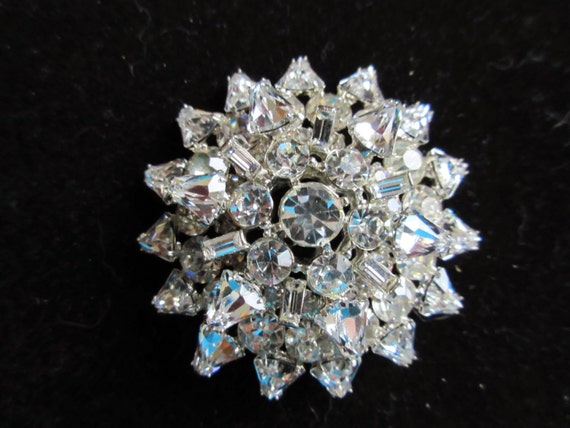 Large Layered Clear Rhinestone Brooch, Round, Bagu